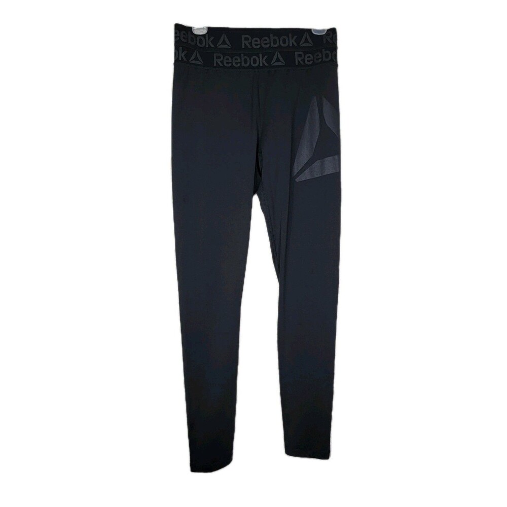 Reebok Leggings Size M Black Stretch Logo Elastic Band Hi Waisted Performance Z